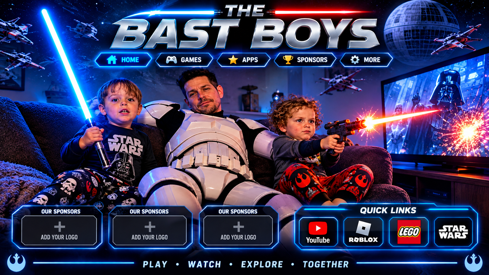 The Bast Boys — a dad in stormtrooper armour with his two boys on the couch, lightsaber and blaster in hand, ready for a galactic family adventure